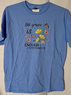 Gildan Light Blue Tee "His Grace Is Enough" Floral & Butterfly Graphic